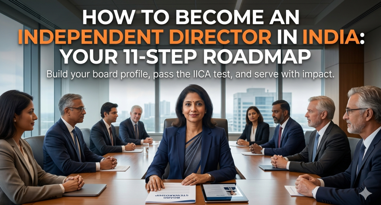 How to Become an Independent Director in India 11-step roadmap showing boardroom leaders, corporate governance, IICA certification, and board appointment journey