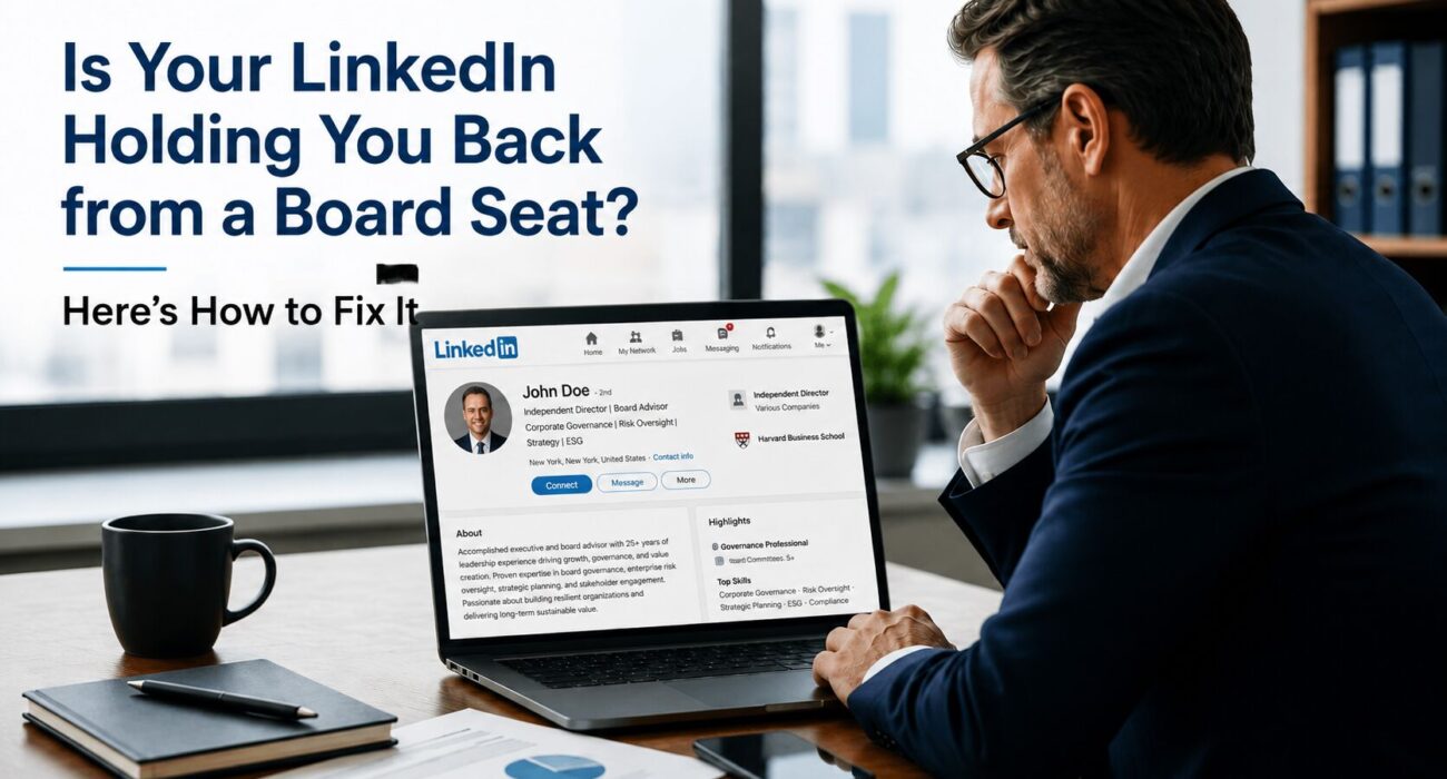 Senior executive reviewing a LinkedIn profile on a laptop while assessing board readiness and digital presence for securing a board seat