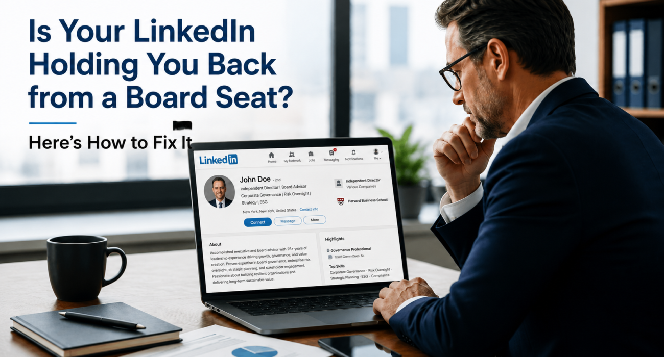Senior executive reviewing a LinkedIn profile on a laptop while assessing board readiness and digital presence for securing a board seat