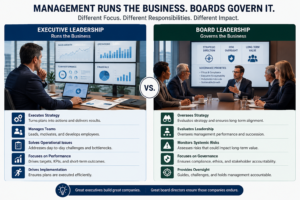 Board readiness comparison showing the difference between executive leadership and board leadership, highlighting governance, strategic oversight, risk management, and director responsibilities.