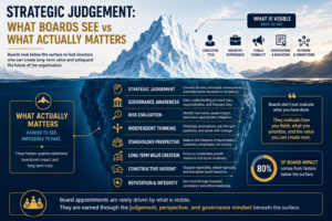 Strategic Judgement iceberg infographic showing what boards see above the surface, such as executive titles and experience, versus the deeper qualities that drive board appointments, including governance awareness, risk evaluation, independent thinking, and long-term value creation.