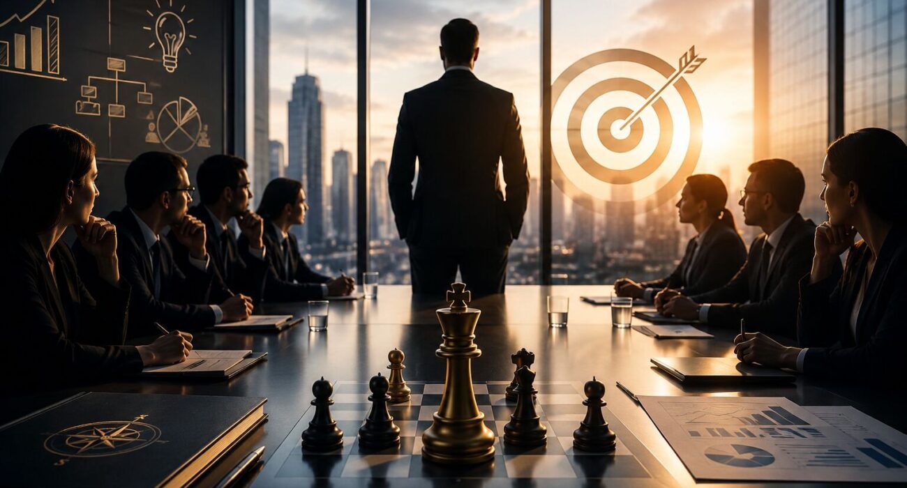 Senior executive demonstrating strategic judgement in a corporate boardroom with directors discussing governance, leadership, and long-term business strategy.