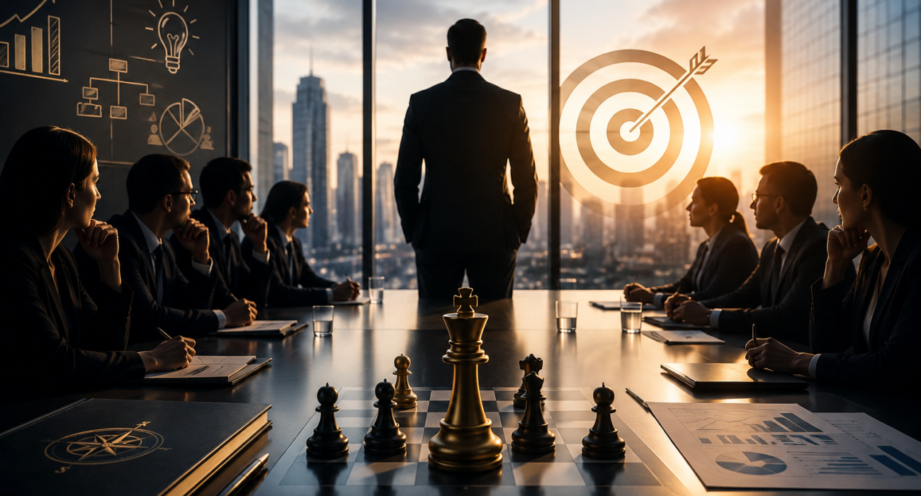 Senior executive demonstrating strategic judgement in a corporate boardroom with directors discussing governance, leadership, and long-term business strategy.
