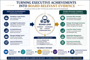 Executive-to-board translation framework showing how executive achievements such as managing divisions, leading digital transformation, and increasing revenue are converted into board-relevant evidence including governance leadership, enterprise risk oversight, stakeholder management, and long-term value creation.