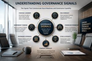 Infographic explaining governance signals, including strategic judgment, risk oversight, independent thinking, stakeholder stewardship, and board readiness.