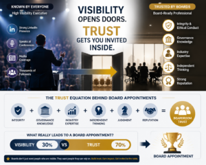 Visibility vs trust in board appointments showing how integrity, governance knowledge, reputation, and judgment help professionals become independent directors in India