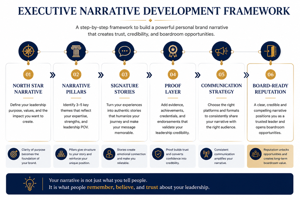Personal branding infographic showing the Executive Narrative Development Framework with six stages for building a trusted leadership narrative and board-ready executive reputation.