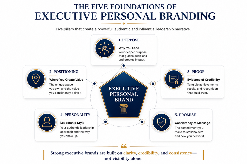 Personal branding framework showing the five foundations of executive personal branding: Purpose, Positioning, Proof, Personality, and Promise for building a trusted leadership brand.
