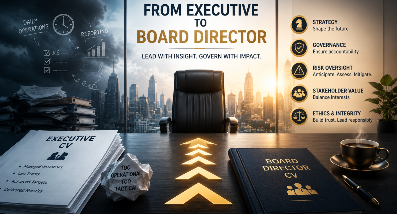 Professional Board Director CV featured image showing the shift from executive leadership to boardroom governance, strategic oversight, risk management, ethics, stakeholder value, and corporate governance.