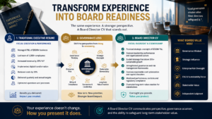 Infographic showing how to transform an executive resume into a Board Director CV using a governance lens, highlighting strategic oversight, enterprise risk, stakeholder value, governance, and board readiness.