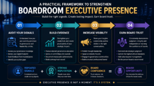 Four-step roadmap infographic showing how to build Boardroom Executive Presence by auditing leadership signals, building evidence, increasing executive visibility, and earning board trust for future board opportunities.