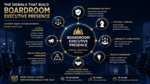 Circular infographic showing the key signals that build Boardroom Executive Presence, including governance maturity, strategic thinking, credibility, ethical leadership, stakeholder trust, industry visibility, thought leadership, and risk awareness.