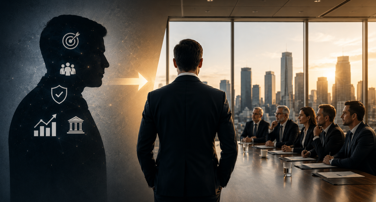 Executive standing before a boardroom as leadership signals, governance, and strategic credibility influence boardroom executive presence.
