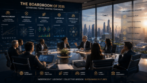 Futuristic corporate boardroom with directors reviewing AI governance, cybersecurity, ESG, and enterprise risk on digital dashboards, representing the future of board leadership and independent directorship.