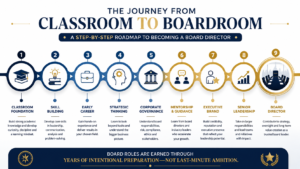 How to Become a Board Director roadmap infographic showing the journey from classroom learning to board leadership through governance, strategic thinking, executive branding, mentorship, and senior leadership.
