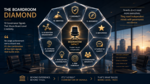 Boardroom Diamond framework illustrating the ten governance signals that help senior executives and aspiring independent directors understand how to get board roles in India by building board-ready credibility, governance mindset, and strategic leadership.