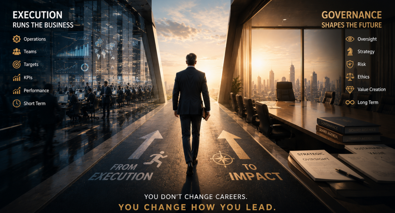 Independent Director Role illustrating the transition from executive leadership to board governance and oversight.