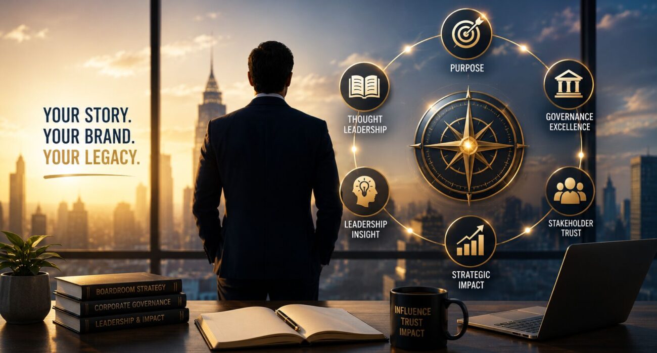 Personal Branding framework showing executive leadership, strategic narrative, governance excellence, stakeholder trust, and boardroom influence for aspiring board directors.