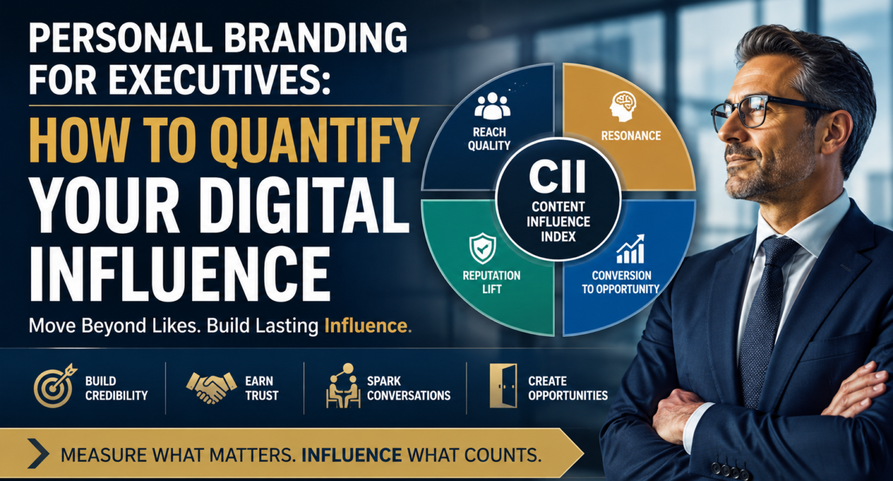 Personal branding for executives showing the Content Influence Index framework with reputation, influence, trust, and boardroom leadership.