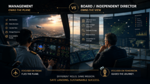 Split illustration showing a pilot flying an aircraft from the cockpit and an independent director monitoring the journey from an air traffic control tower, representing the difference between management's operational responsibility and the board's governance and risk oversight role.