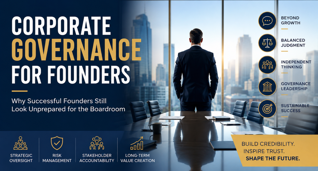 Corporate governance for founders featured image showing a successful founder in a modern boardroom representing the transition from business growth to boardroom credibility, governance leadership, strategic judgment, and executive presence.