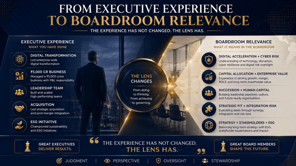 Executive Personal Branding visual showing how executive experience in digital transformation, financial leadership, team building, acquisitions, and ESG translates into boardroom relevance through judgment, perspective, oversight, and stewardship.