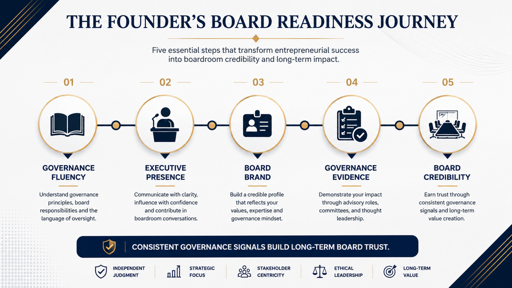 Corporate Governance for Founders roadmap infographic illustrating the five stages of board readiness: governance fluency, executive presence, board brand, governance evidence, and board credibility.