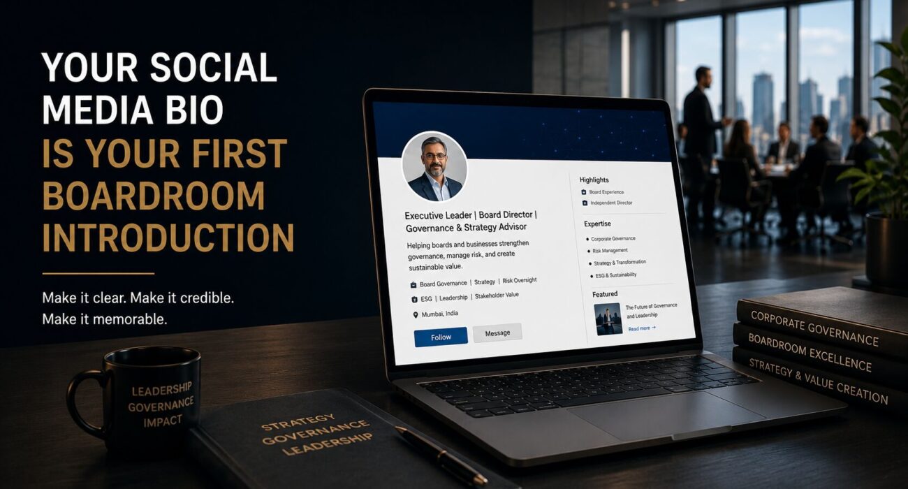 Executive social media bio displayed on a laptop, demonstrating how a professional profile builds executive branding, credibility, and boardroom opportunities.