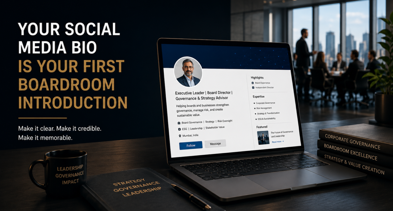 Executive social media bio displayed on a laptop, demonstrating how a professional profile builds executive branding, credibility, and boardroom opportunities.