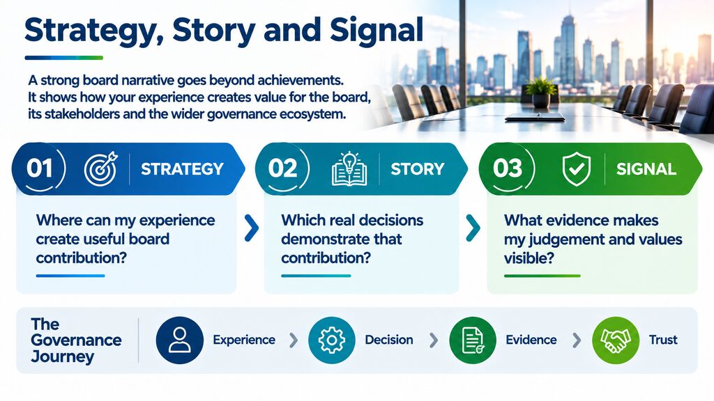 Board Community framework showing Strategy, Story and Signal connecting executive experience, decisions, evidence and trust