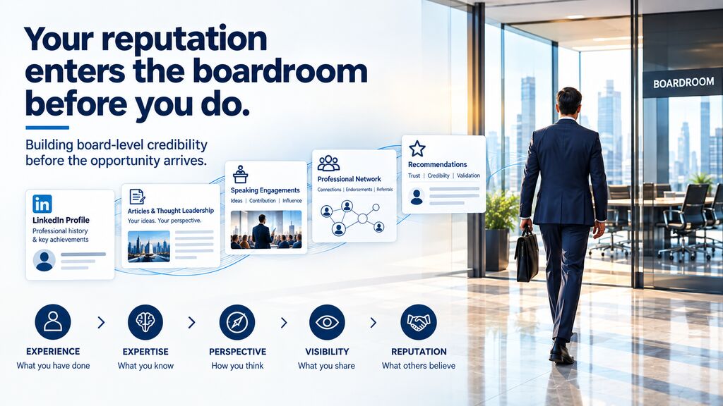 Boardroom brand visual showing a senior executive entering a modern boardroom, with LinkedIn, thought leadership, speaking engagements, professional networks, and recommendations illustrating how reputation and credibility are built before a board opportunity.