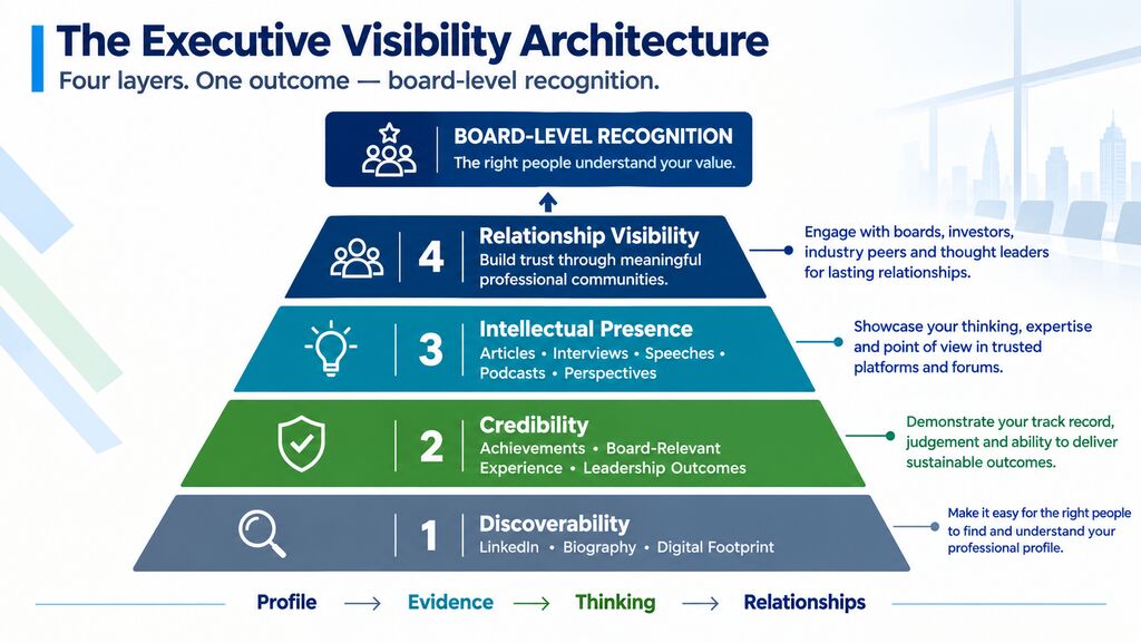 Executive Visibility Architecture showing four layers—Discoverability, Credibility, Intellectual Presence, and Relationship Visibility—leading to board-level recognition.