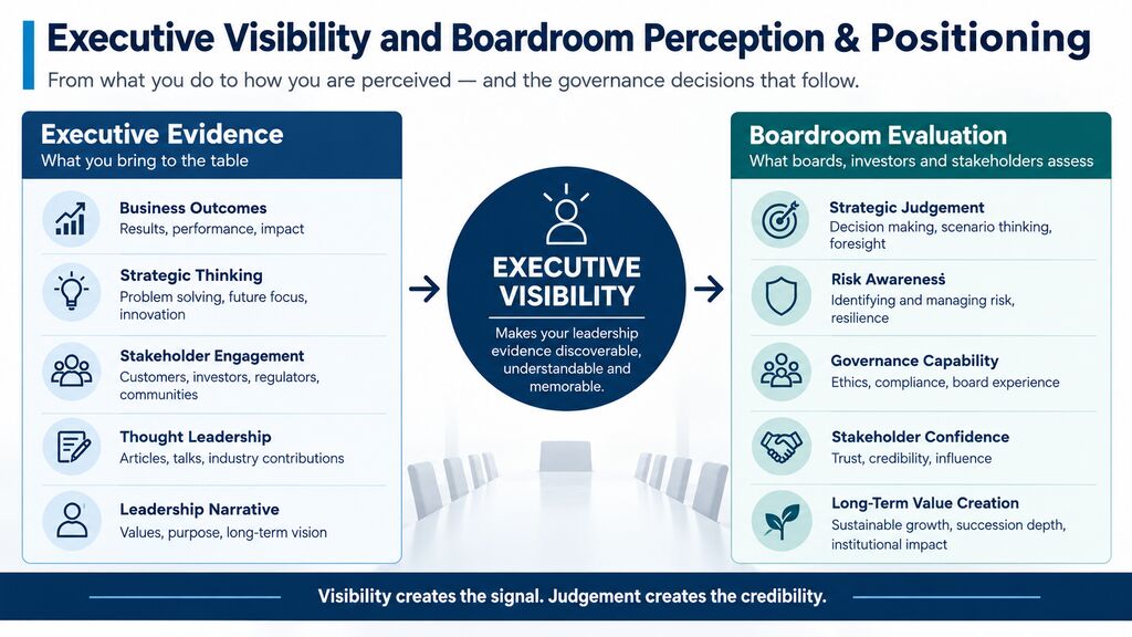 Executive Visibility framework showing how business outcomes, strategic thinking, stakeholder engagement, thought leadership, and leadership narrative influence boardroom evaluation, strategic judgement, risk awareness, governance capability, stakeholder confidence, and long-term value creation.