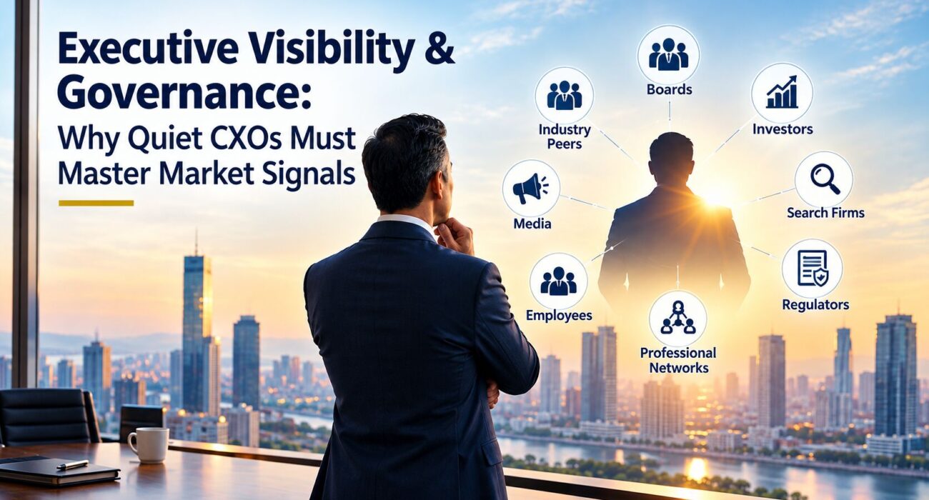 Executive Visibility and governance concept showing a senior executive overlooking a city skyline, with leadership signals connecting him to boards, investors, search firms, regulators, employees, media and professional networks.