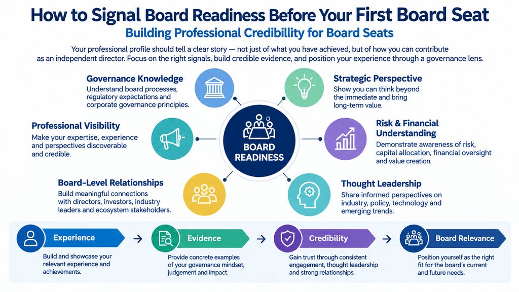 Independent Director in India: board readiness framework covering governance knowledge, strategic perspective, risk and financial understanding, thought leadership, board-level relationships and professional visibility.