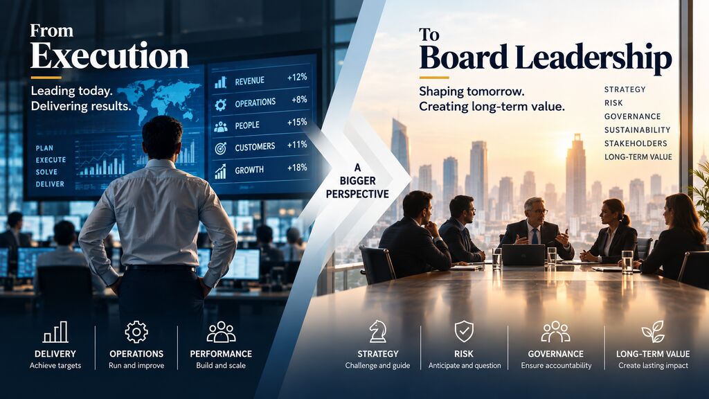 Board readiness for executives: transition from executive execution and operational leadership to strategic board leadership, governance, risk, and long-term value.