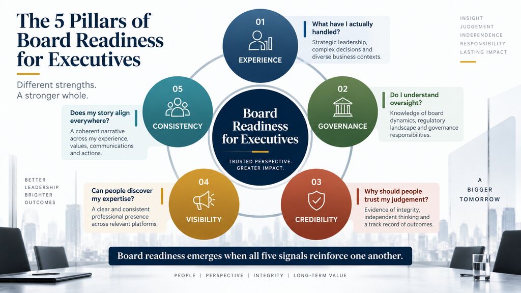 Five pillars of board readiness for executives: experience, governance, credibility, visibility and consistency working together to build trusted board-level leadership.