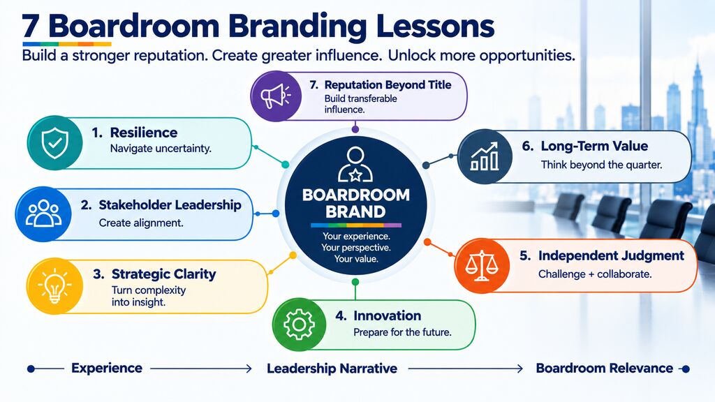 Boardroom Branding Lessons infographic showing seven principles including resilience, stakeholder leadership, strategic clarity, innovation, independent judgment, long-term value and reputation beyond title