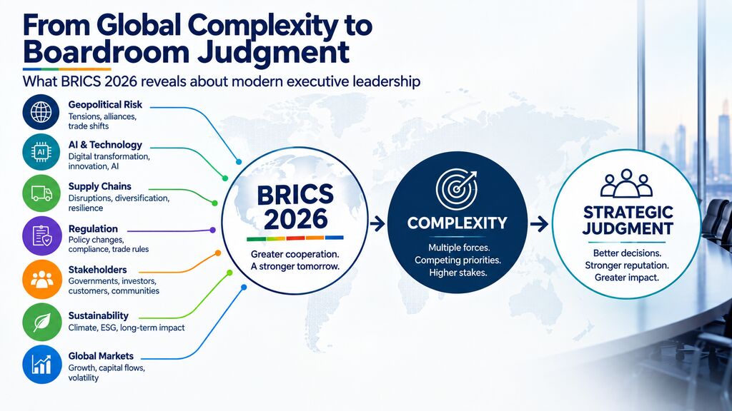 Boardroom Branding Lessons from BRICS 2026 showing global complexity, strategic judgment, geopolitical risk, AI, supply chains, regulation and stakeholder leadership
