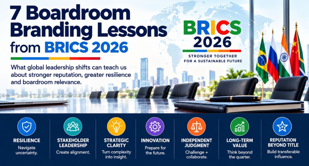 Boardroom Branding Lessons from BRICS 2026 highlighting resilience, stakeholder leadership, strategic clarity, innovation, independent judgment and long-term value