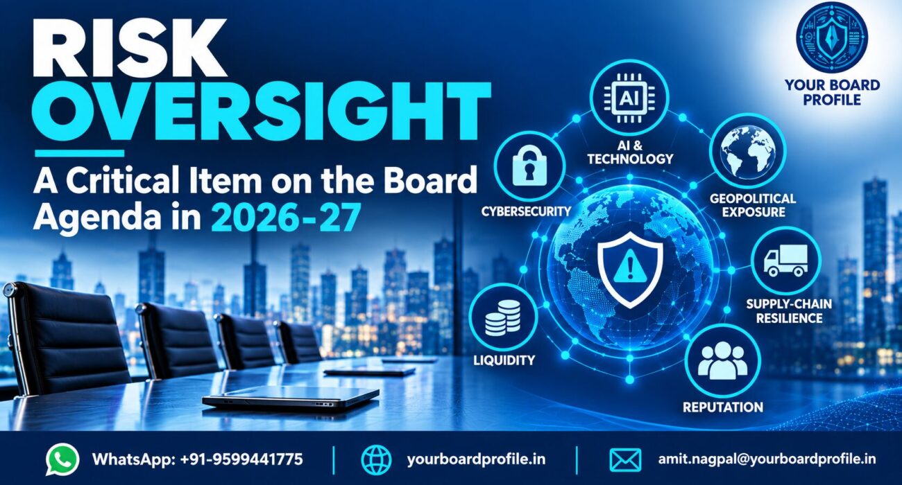 Risk Oversight: A Critical Item on the Board Agenda in 2026, highlighting AI and technology, cybersecurity, geopolitical exposure, supply-chain resilience, liquidity, and reputation, with Your Board Profile branding.