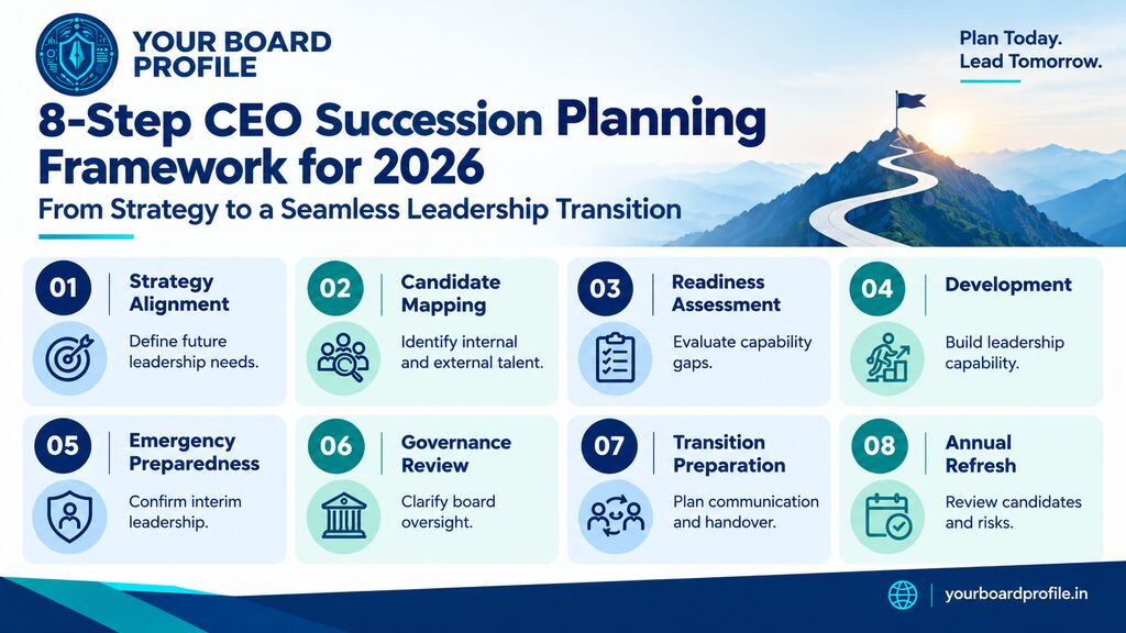 CEO succession planning infographic outlining an 8-step framework for 2026, covering strategy alignment, candidate mapping, readiness assessment, leadership development, emergency preparedness, governance review, transition preparation, and annual refresh, by Your Board Profile.
