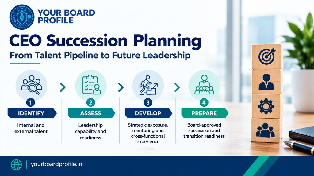 CEO succession planning infographic illustrating four stages—identifying talent, assessing leadership readiness, developing future leaders, and preparing for leadership transition—with Your Board Profile branding.