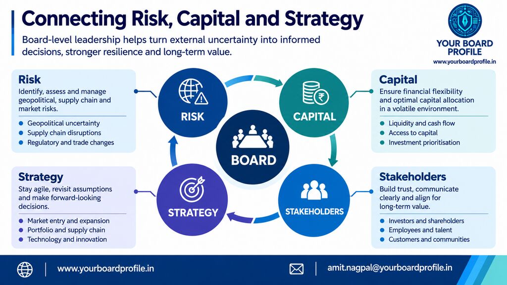 Infographic showing how boards respond to geopolitical volatility by connecting risk, capital, strategy and stakeholders to support informed decisions, resilience and long-term value, with Your Board Profile branding.
