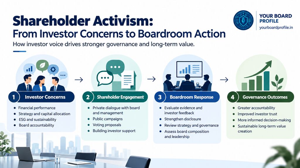 Shareholder Activism infographic illustrating how investor concerns drive shareholder engagement, boardroom responses, greater corporate transparency, accountability, investor trust, and long-term value creation.