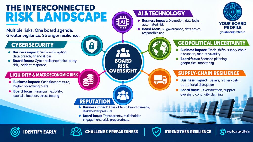 Board risk oversight in 2026-27, illustrating interconnected risks including AI and technology, cybersecurity, geopolitical uncertainty, liquidity, supply-chain resilience, and reputation, by Your Board Profile.