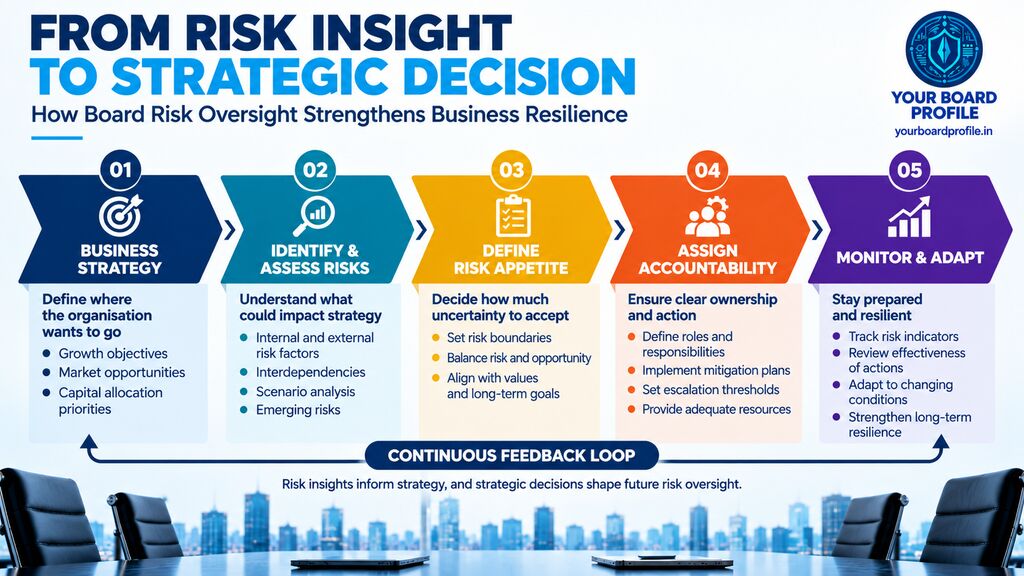 Board risk oversight process showing five steps: business strategy, identify and assess risks, define risk appetite, assign accountability, and monitor and adapt, connected through a continuous feedback loop, with Your Board Profile branding.