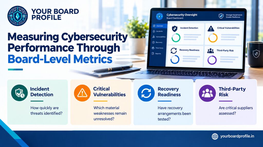 Cyber security board-level metrics dashboard highlighting incident detection, critical vulnerabilities, recovery readiness, and third-party risk for effective cybersecurity governance | Your Board Profile
