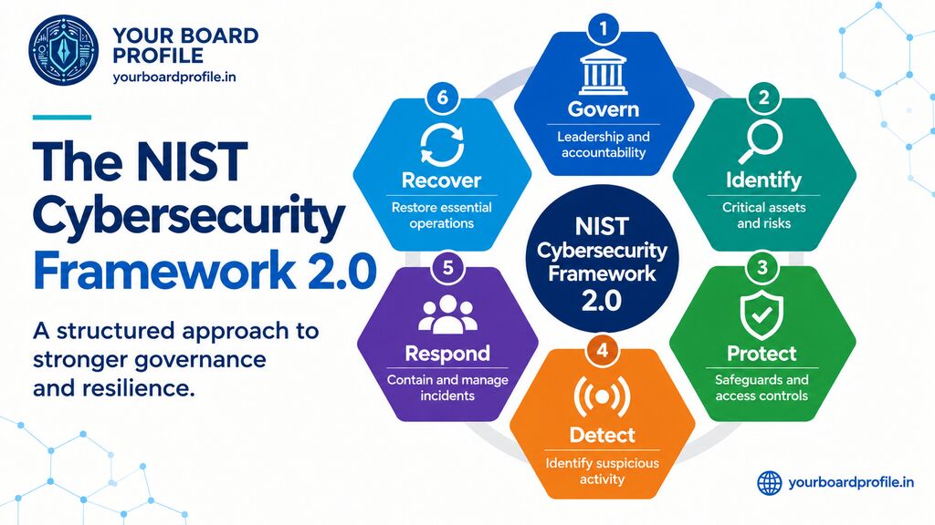 Cyber Security governance infographic illustrating the six functions of the NIST Cybersecurity Framework 2.0: Govern, Identify, Protect, Detect, Respond and Recover | Your Board Profile