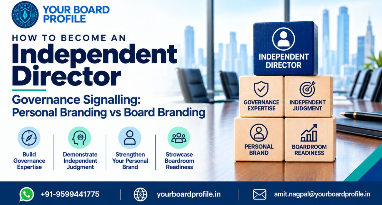 How to become an Independent Director through governance expertise, independent judgment, personal branding, and boardroom readiness, featuring Your Board Profile's logo and contact details.